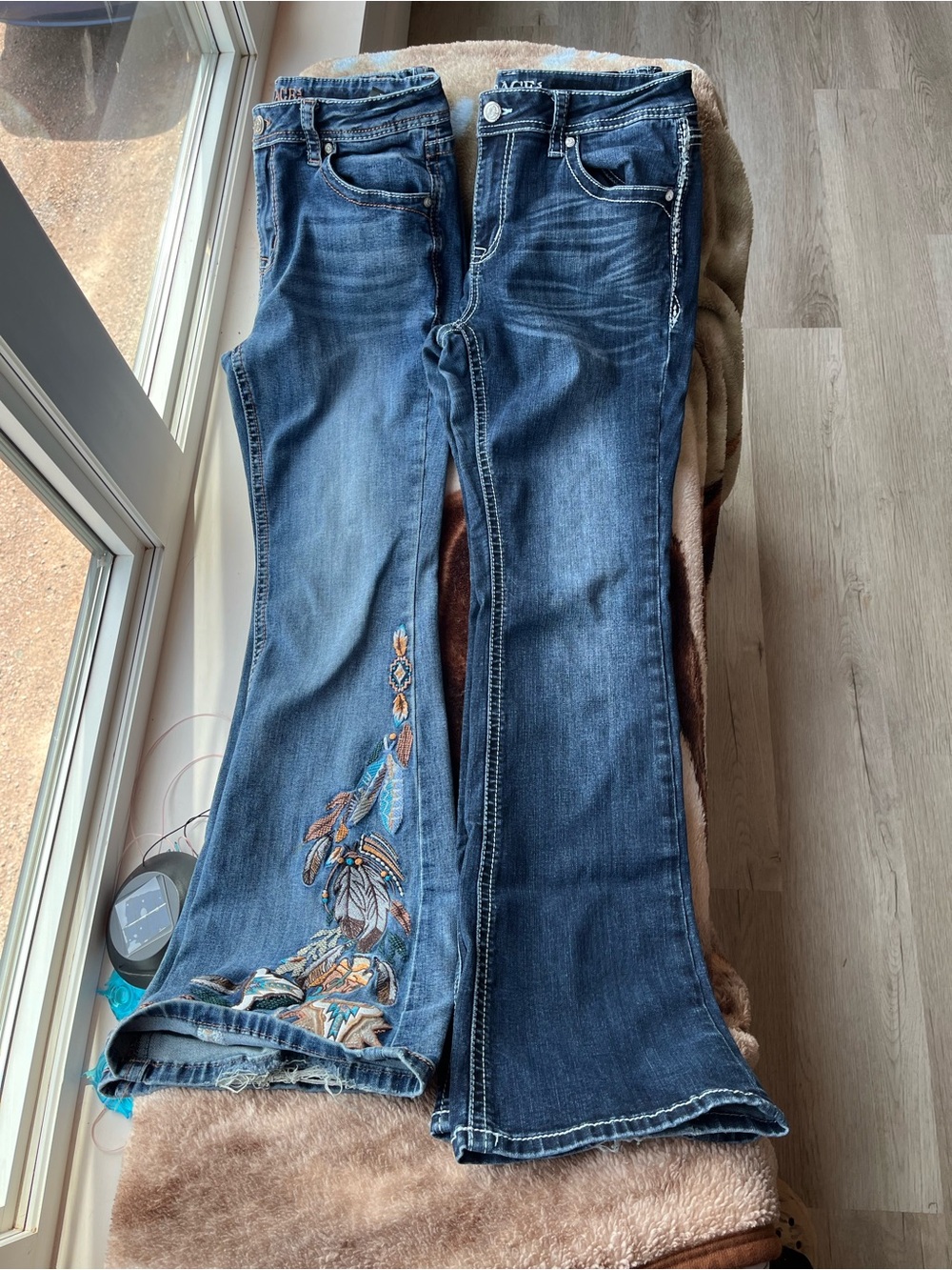 Grace in LA Dark Blue Bootcut Jeans with Multi-Color Embroidery Easy Fit